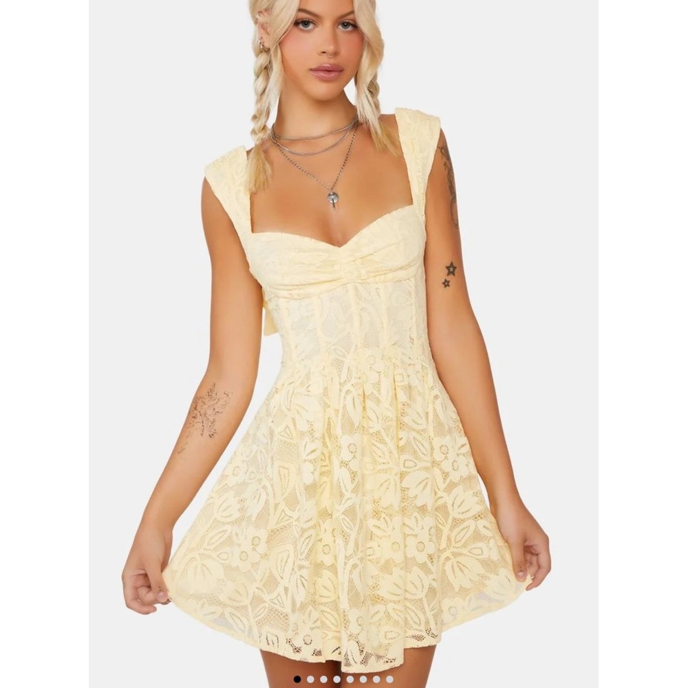 For Love & Lemons Lace Mini Dress Womens L Yellow Excellent Corset